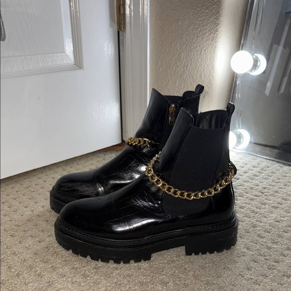 Nasty Gal Black Patent Chain Ankle Boots